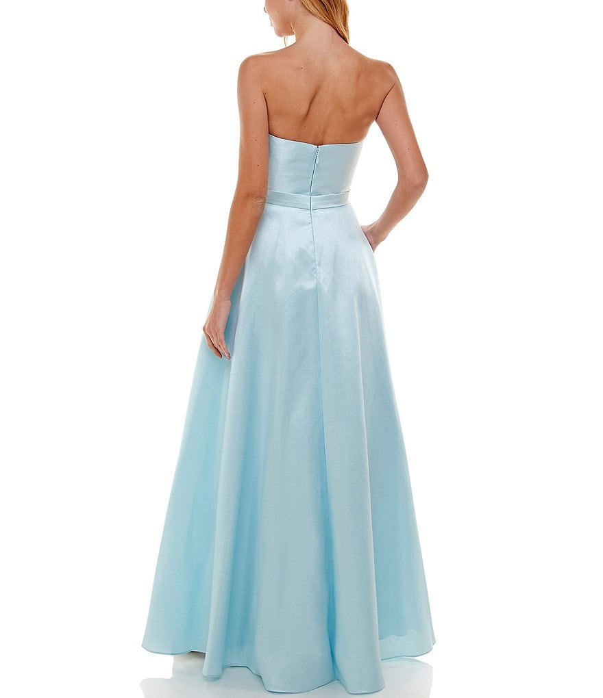 B. Darlin Strapless Pleated-Bodice Metallic Ball Gown