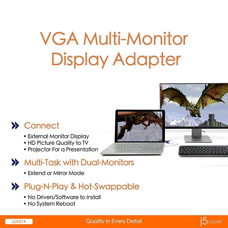 USB to VGA Adapter Cable- Multi-Monitor Desktop Display USB Video Card Converter | 1080p HD Playback | Compatible with Windows 10, 8.1, 8, 7, XP, and Mac OS - White