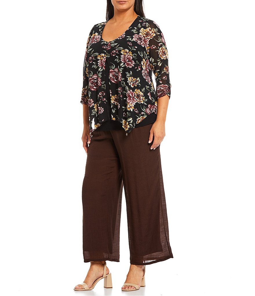 I.N. Studio Plus Size Floral Print Mesh Overlay Scoop Neck 3/4 Ruched Sleeve Split Front Hem Detail Popover Top