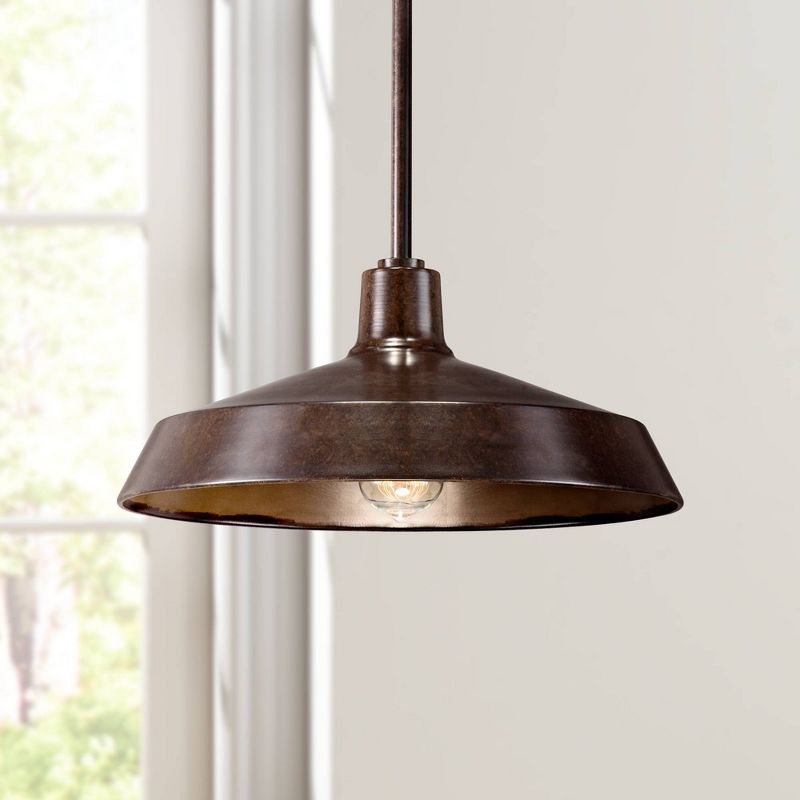Franklin Iron Works Warm Bronze Pendant Light 15" Wide Farmhouse Industrial Inverted Flat Bowl Shade Fixture for Kitchen Island
