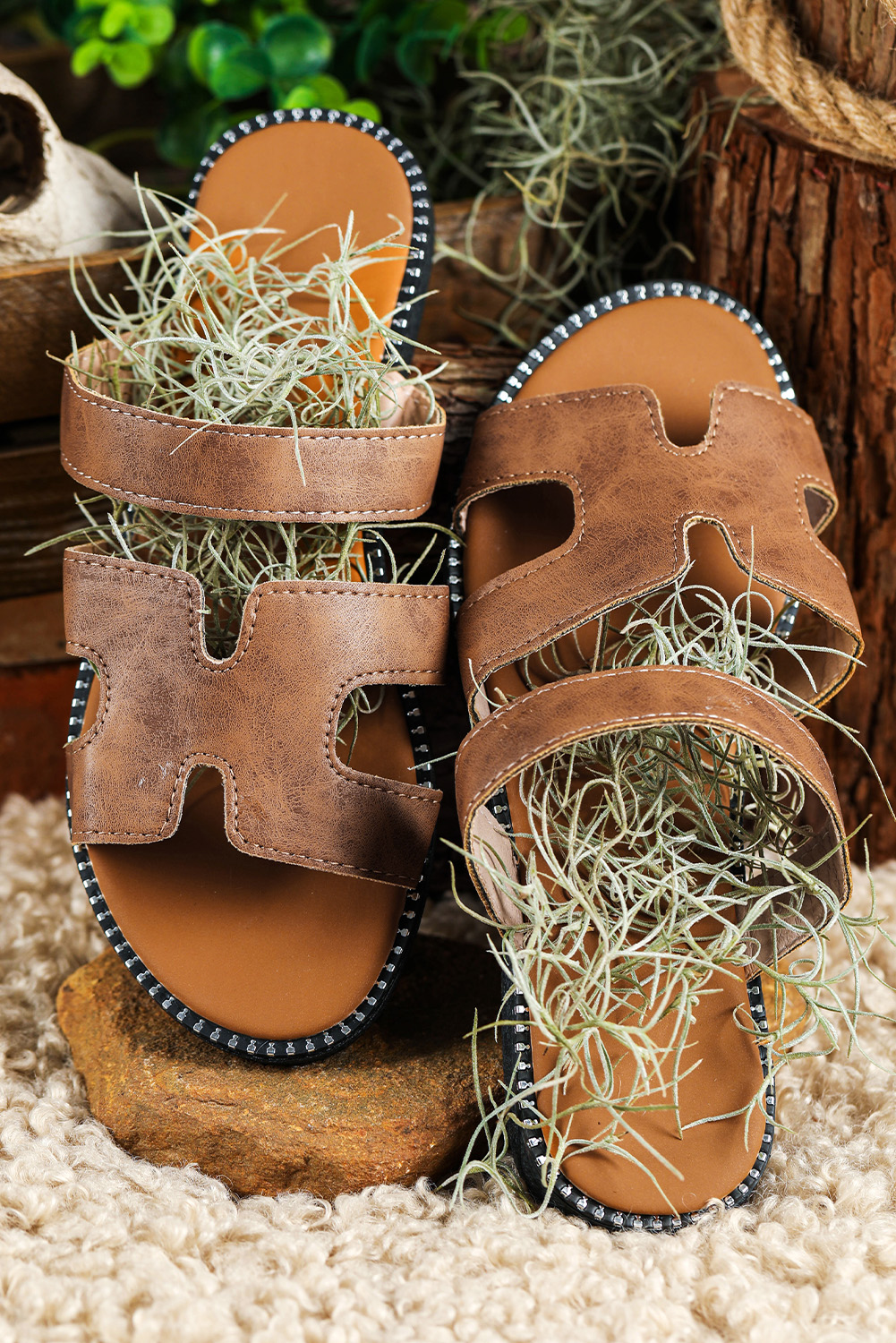 Brown Leather H Band Flat Slides S​hoes
