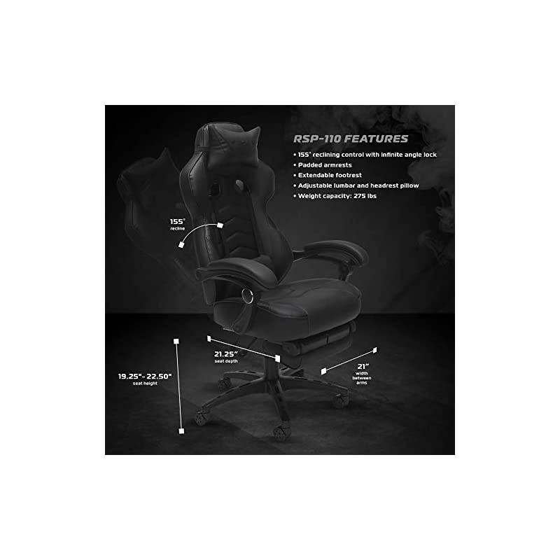 110 Racing Style Gaming Chair, Reclining Ergonomic Chair with Footrest, in Black (RSP-110-BLK)