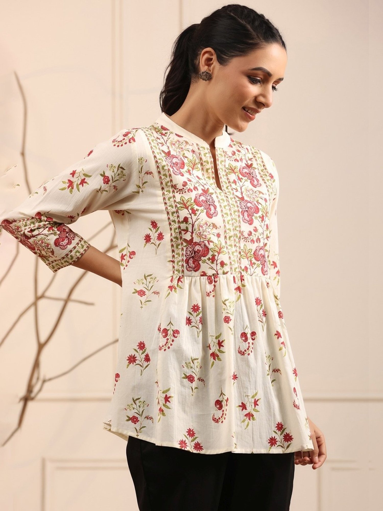 Rain and Rainbow Cream & Pink Cotton Printed Top