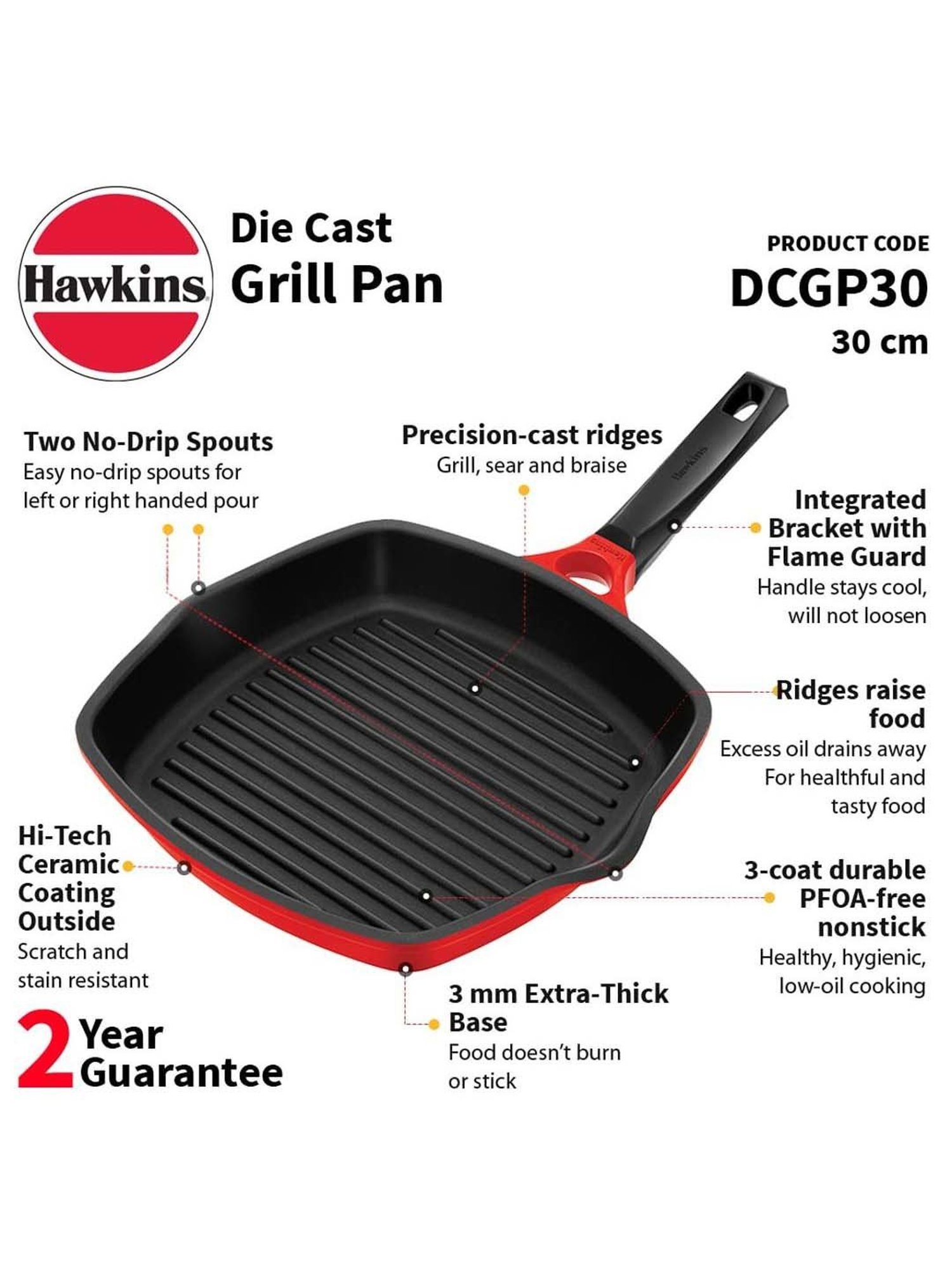 Hawkins Red Ceramic 30 cm Die Cast Grilling Pan (Dcgp30) (1 L)