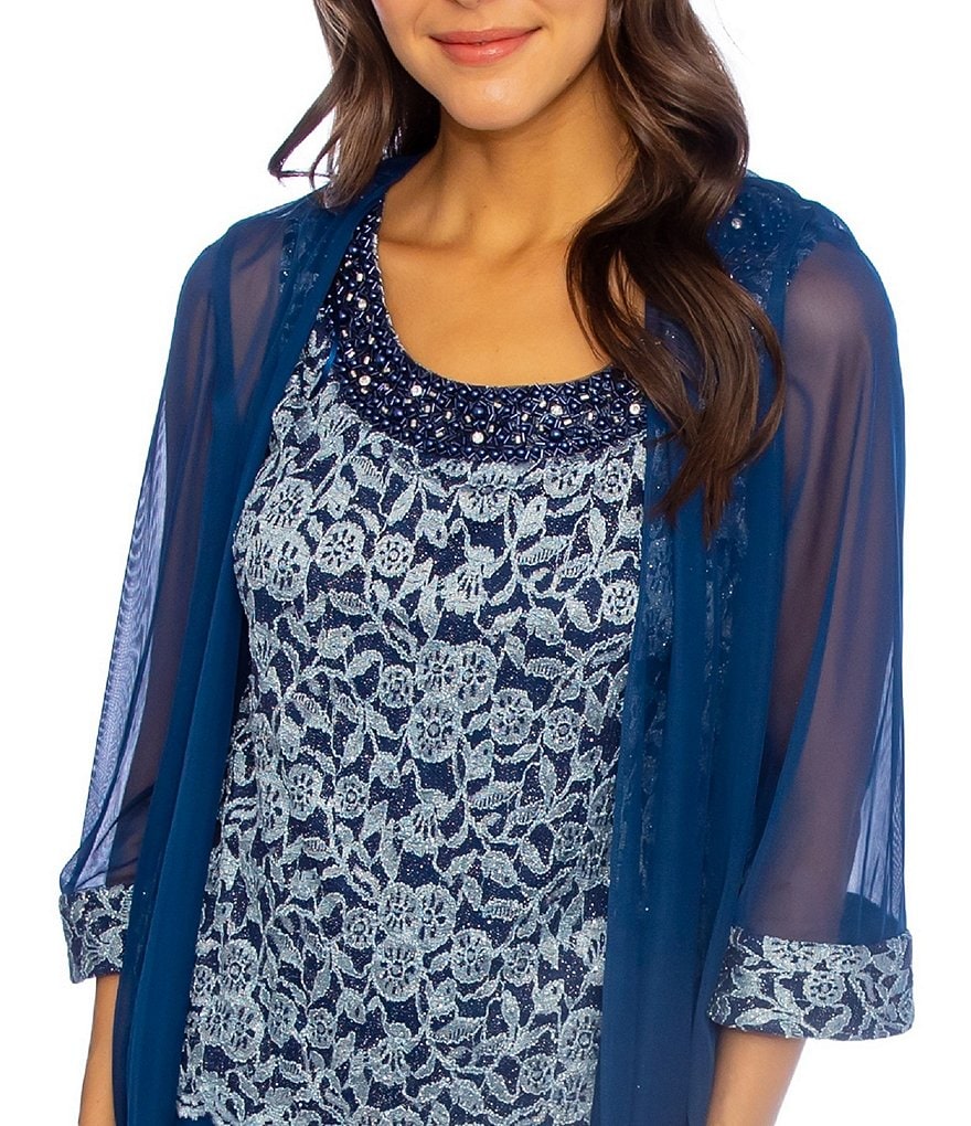 R & M Richards Petite Size Scoop Neck 3/4 Sleeve Scalloped Lace 3-Piece Pantsuit