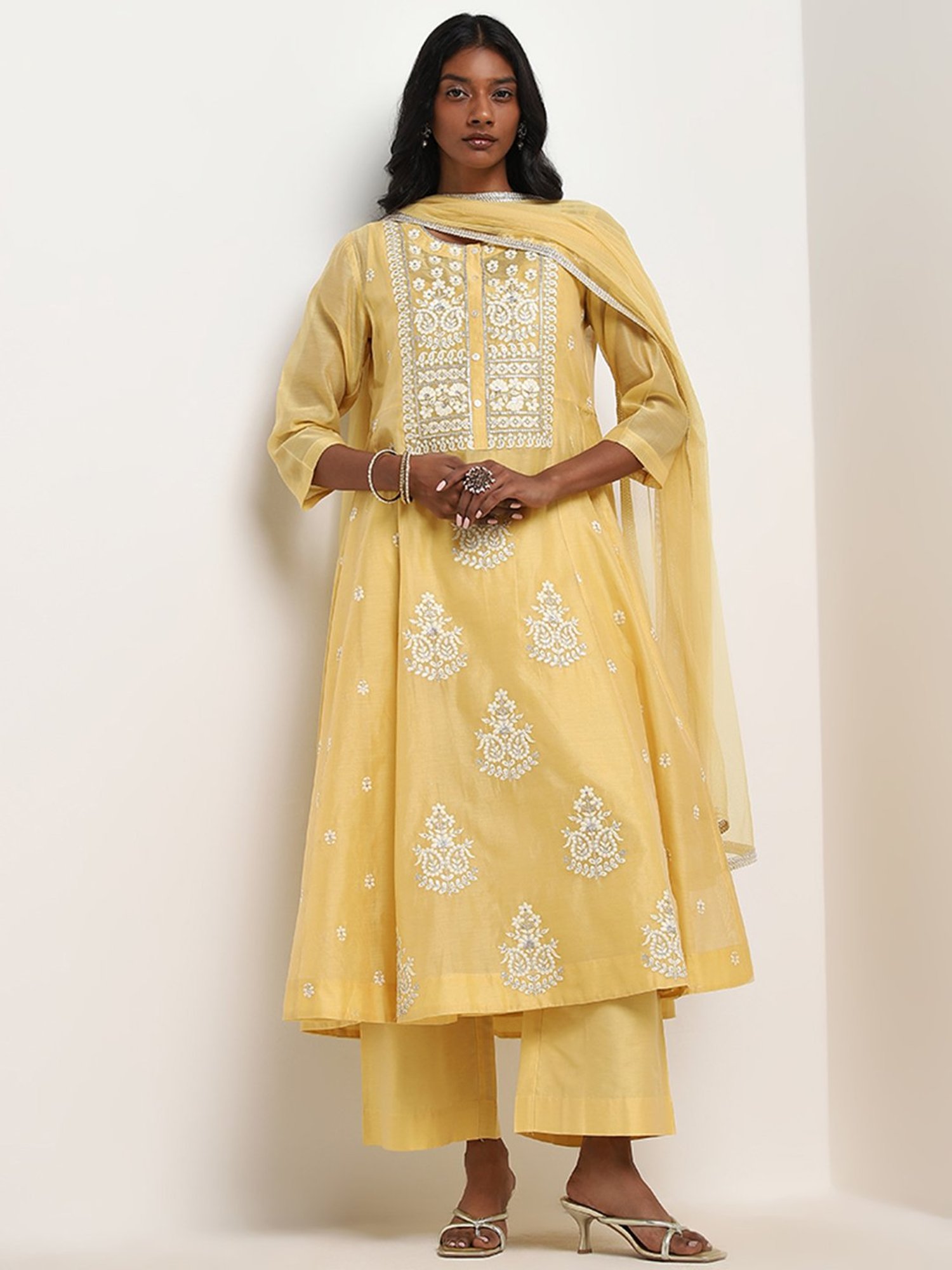 Vark by Westside Yellow Embroidered Kurta, Inner, Pants & Dupatta Set