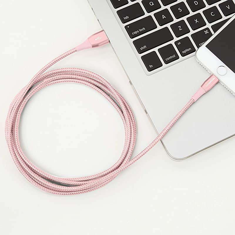 Basics Double Nylon Braided USB A Cable with Lightning Connector, Premium Collection, MFi Certified Apple iPhone Charger, 6 Foot, 2 Pack, Rose Gold