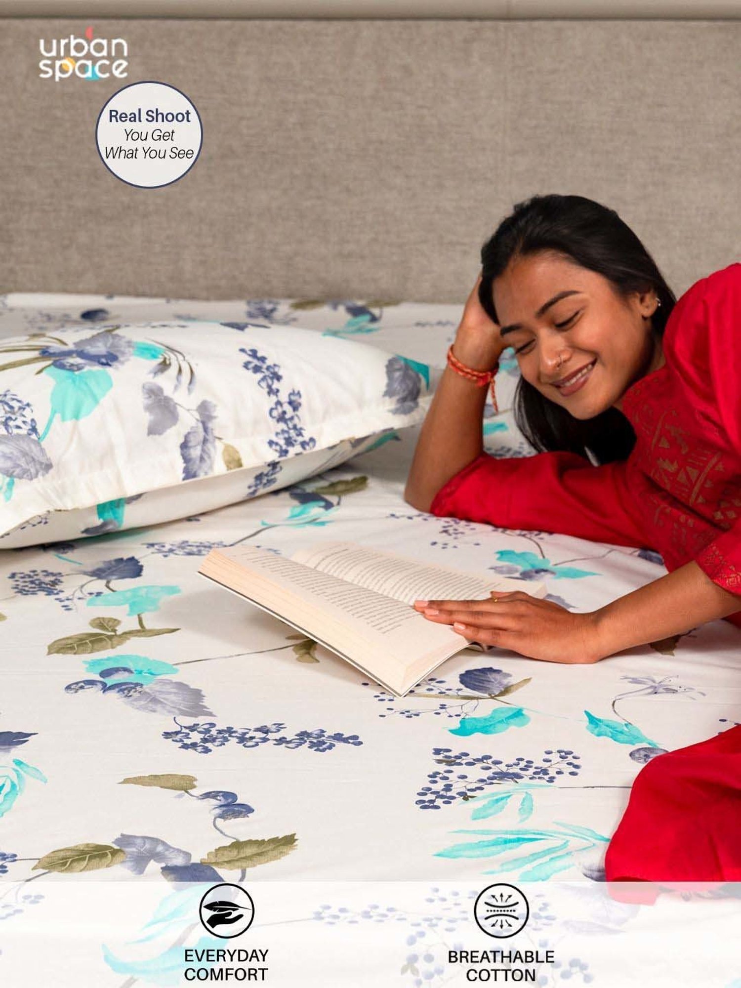 Urban Space Blue & White Cotton 200 TC Cherry Blossom Printed Single Bedsheet with 1 Pillow Cover