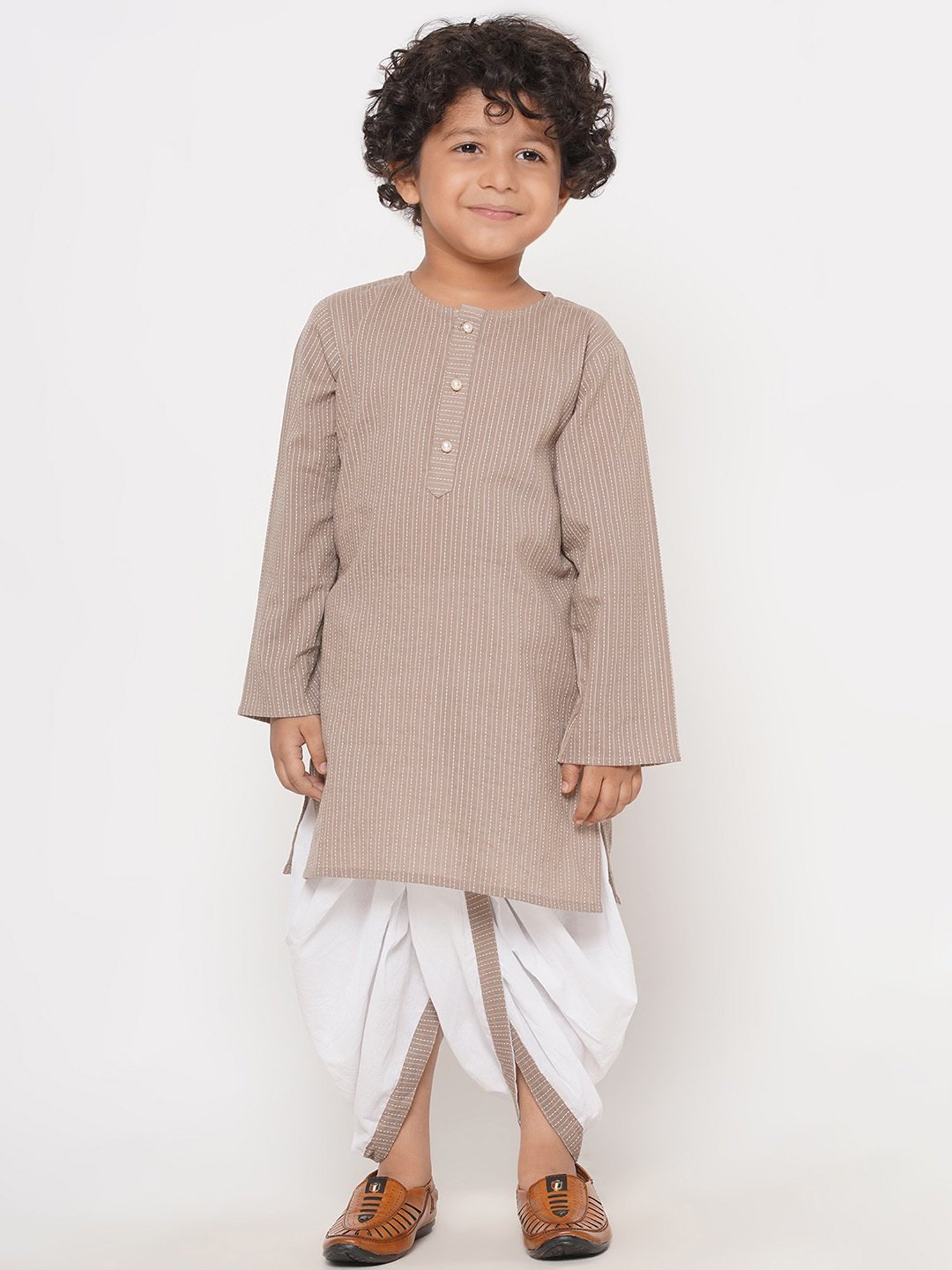 Little Bansi Kids Light Brown & White Striped Full Sleeves Kurta with Dhoti