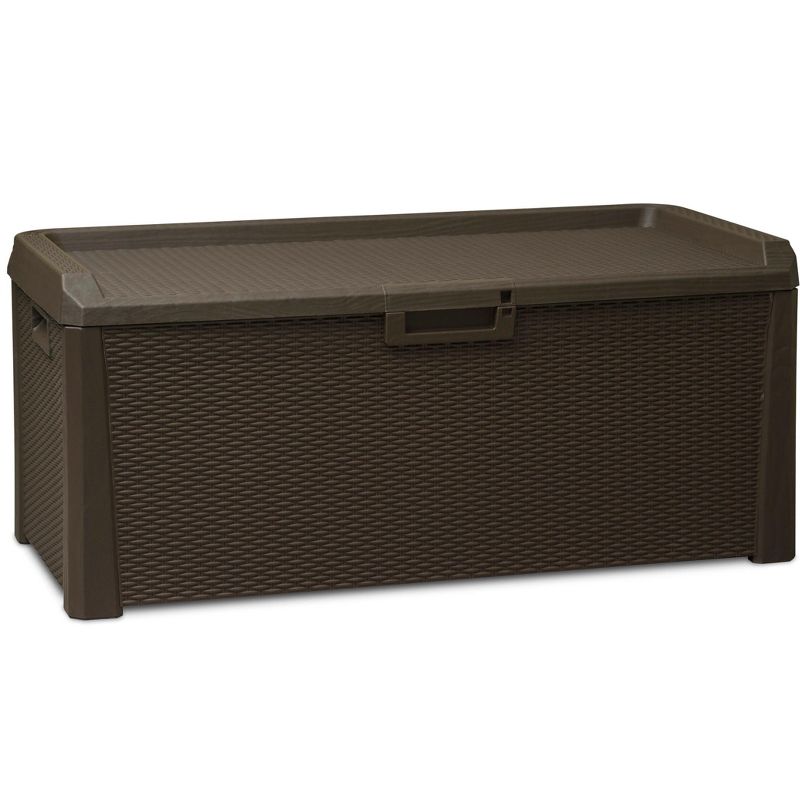 Toomax Santorini Plus Lockable Deck Storage Box Bench for Outdoor Pool Patio Garden Furniture & Indoor Toy Bin Container, 145 Gallon (Brown)
