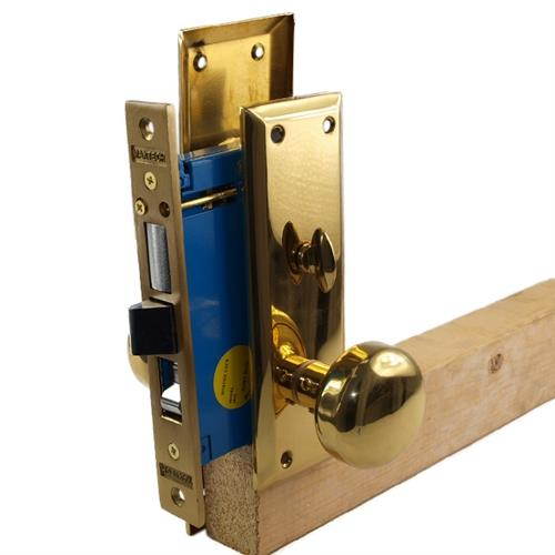 Maxtech (Like Marks 91A/3) 1033AL Polished Brass Left Hand Heavy Duty Mortise Entry Lockset, Surface Mounted Screw-on Knobs Lock Set