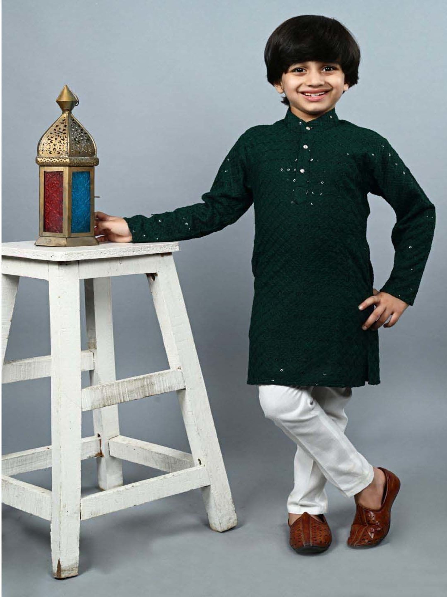 Ahhaaaa Kids Green Cotton Embellished Full Sleeves Kurta Set