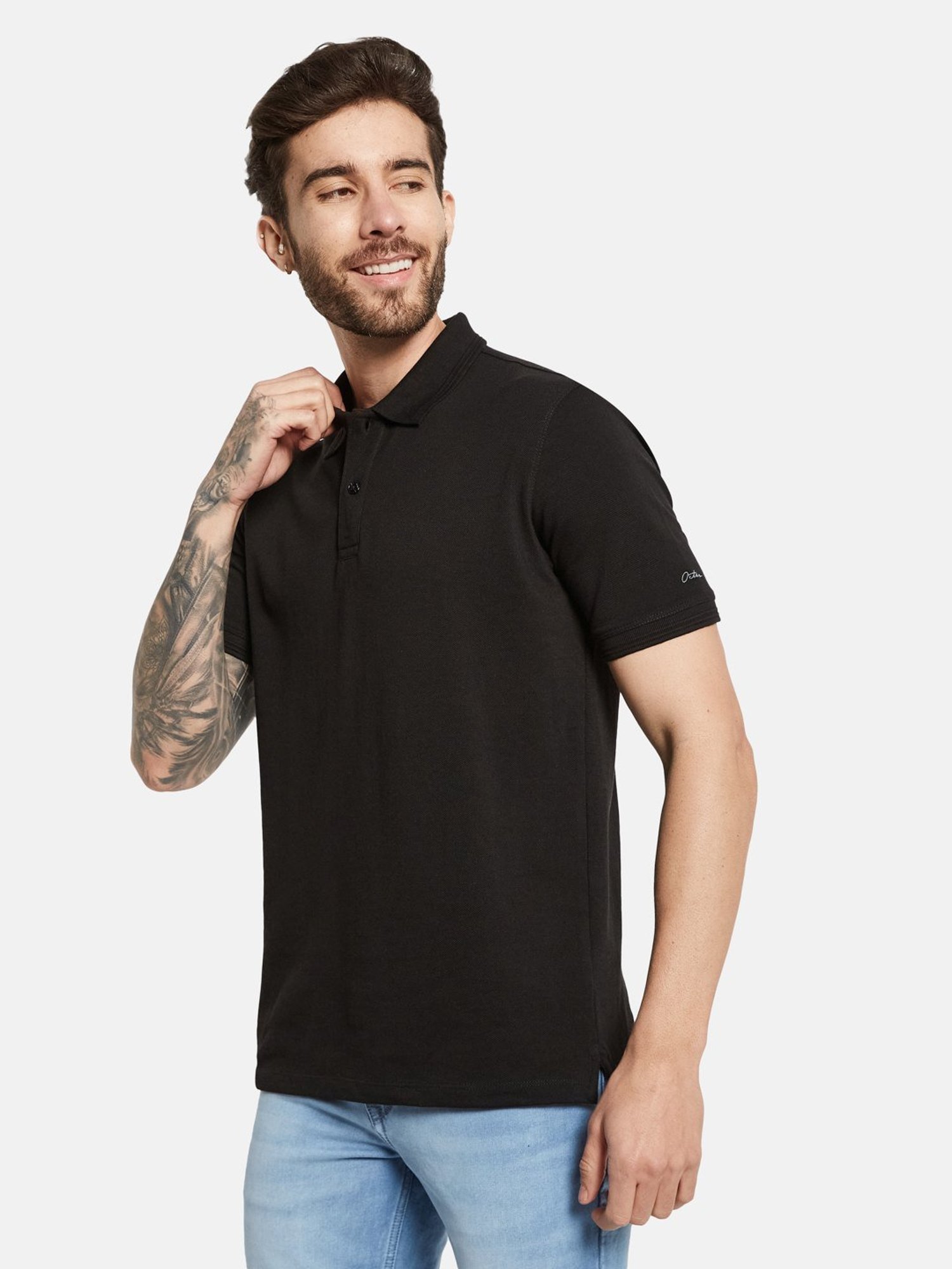 Octave Black Cotton Regular Fit Polo T-Shirt