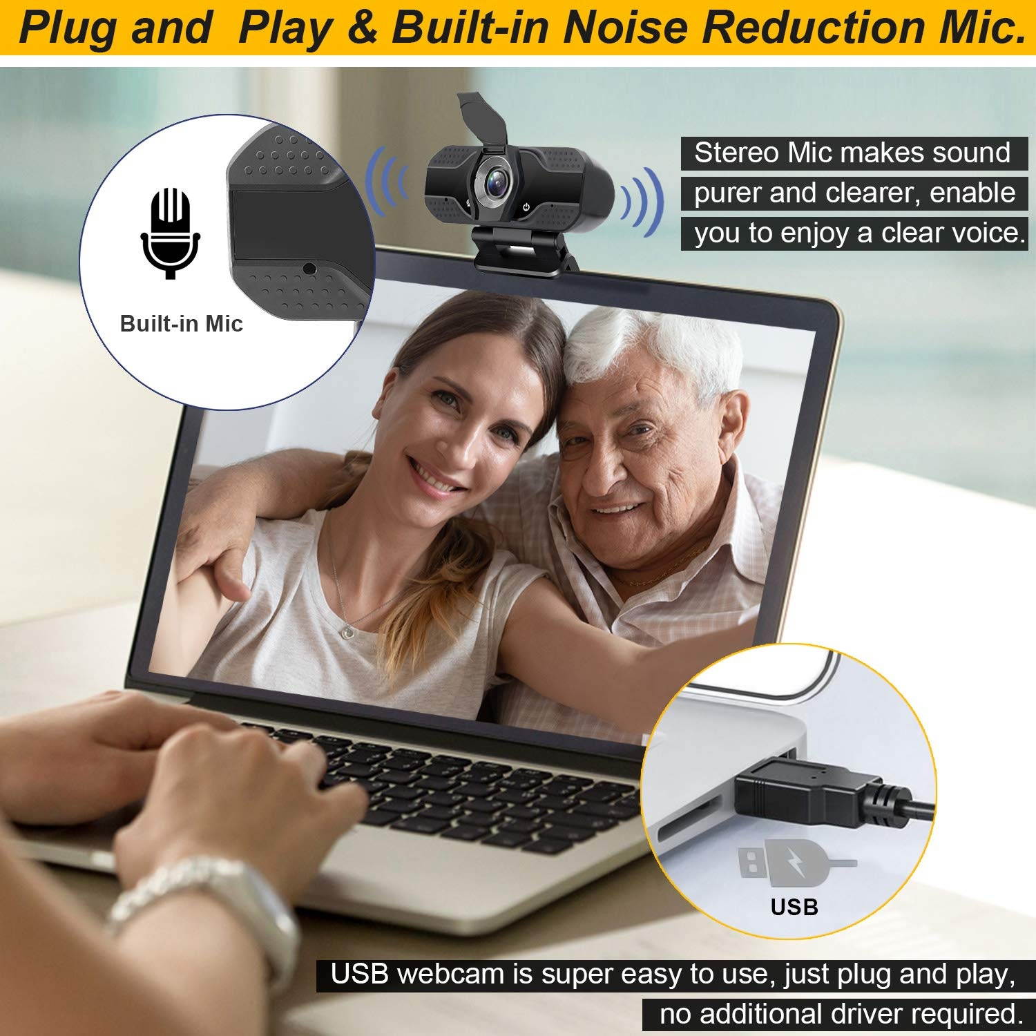 Webcam with Microphone for Desktop, Full HD 1080P Web Camera with Privacy Cover and Tripod, Plug and Play USB Computer Web Cam for Video Calling Gaming Recording Conferencing