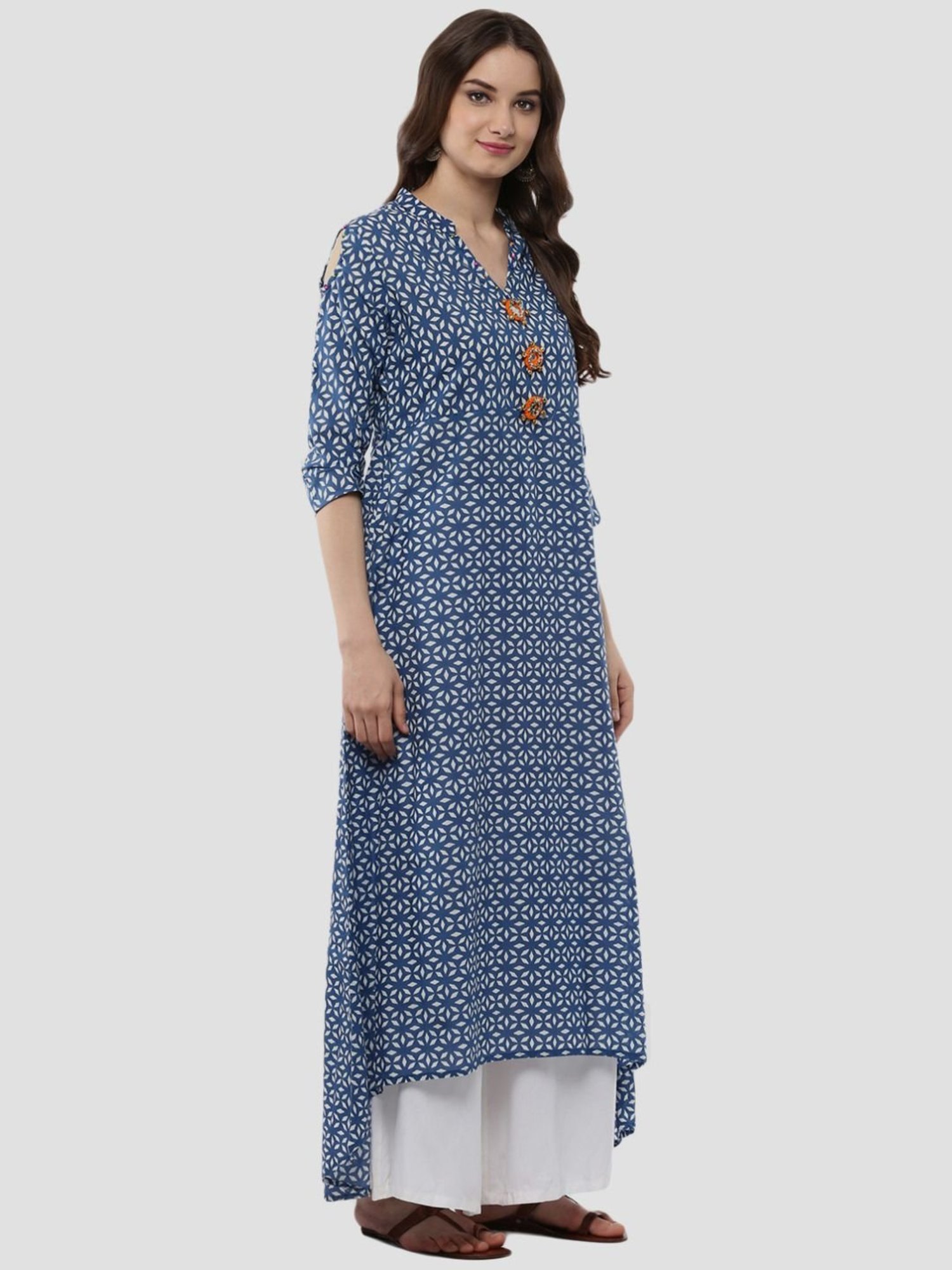 Sringam Blue Cotton Embellished A Line Kurta