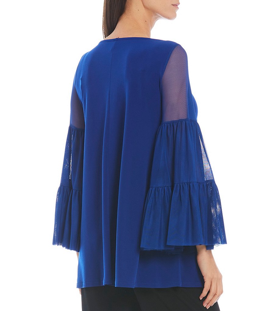 IC Collection Tiered Layer Mesh Bell Long Sleeve Boat Neck Knit Top