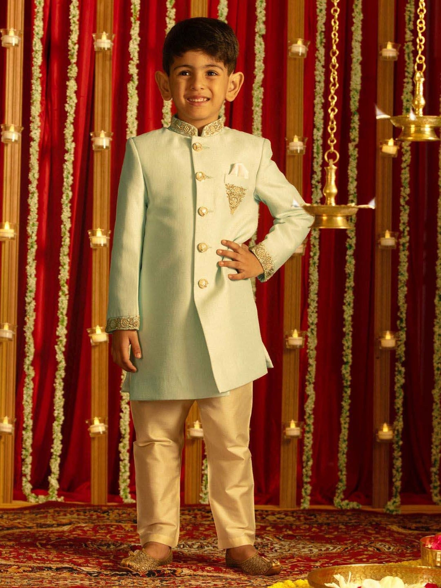 VASTRAMAY Boys Aqua & Cream Embroidery Full Sleeves Indowestern Sets