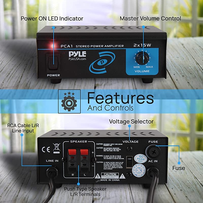 PCA1.5 2x15 Watt Stereo Power Amplifier - Compact Mini 2-Channel Portable Home Audio Speaker Receiver Box for Amplified Speakers Sound System with RCA Cable L/R Input for CD Player, Tuner, MP3