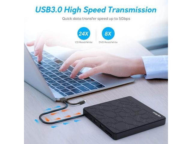 Apiker External DVD Drive, USB3.0 CD DVD +/-RW Burner for Laptop, Optical Disk Drive with SD Slot, Type C Cord and Carrying Case, Multi-Functional, for PC Desktop Mac Book Windows 10/8/7 Linux OS