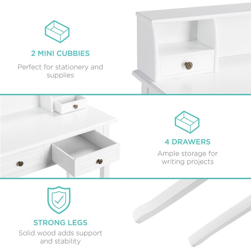 Best Choice Products 32in Colonial Writing Desk for Home Office Study w/ 4 Drawers, 2 Cubbies, Floating Hutch - White