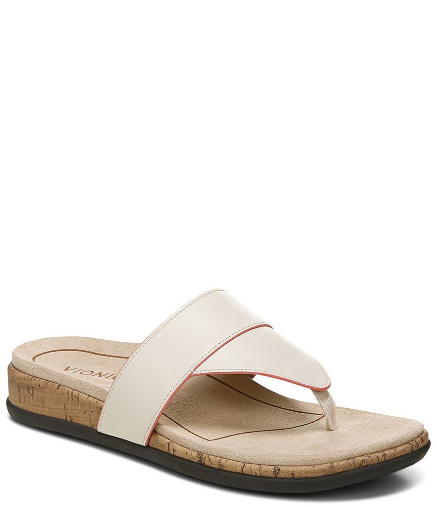 Vionic Jillian Leather Cork Wedge Thong Sandals