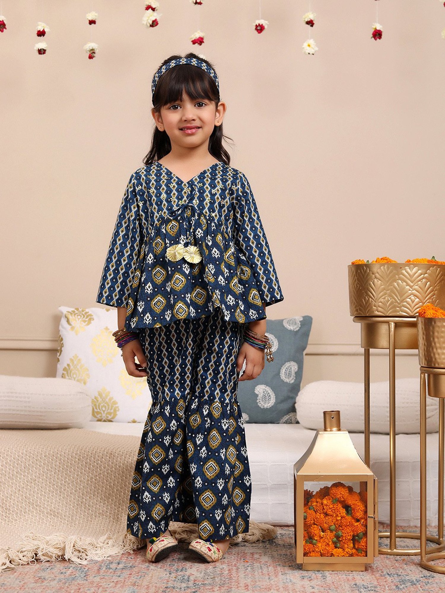 Budding Bees Girls Navy Printed Full Sleeves Top, Gharara with Hairband