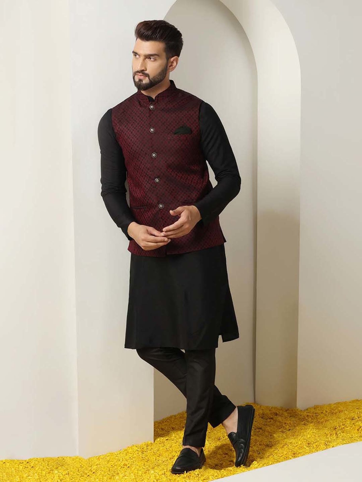 KISAH Wine Regular Fit Self Design Nehru Jacket