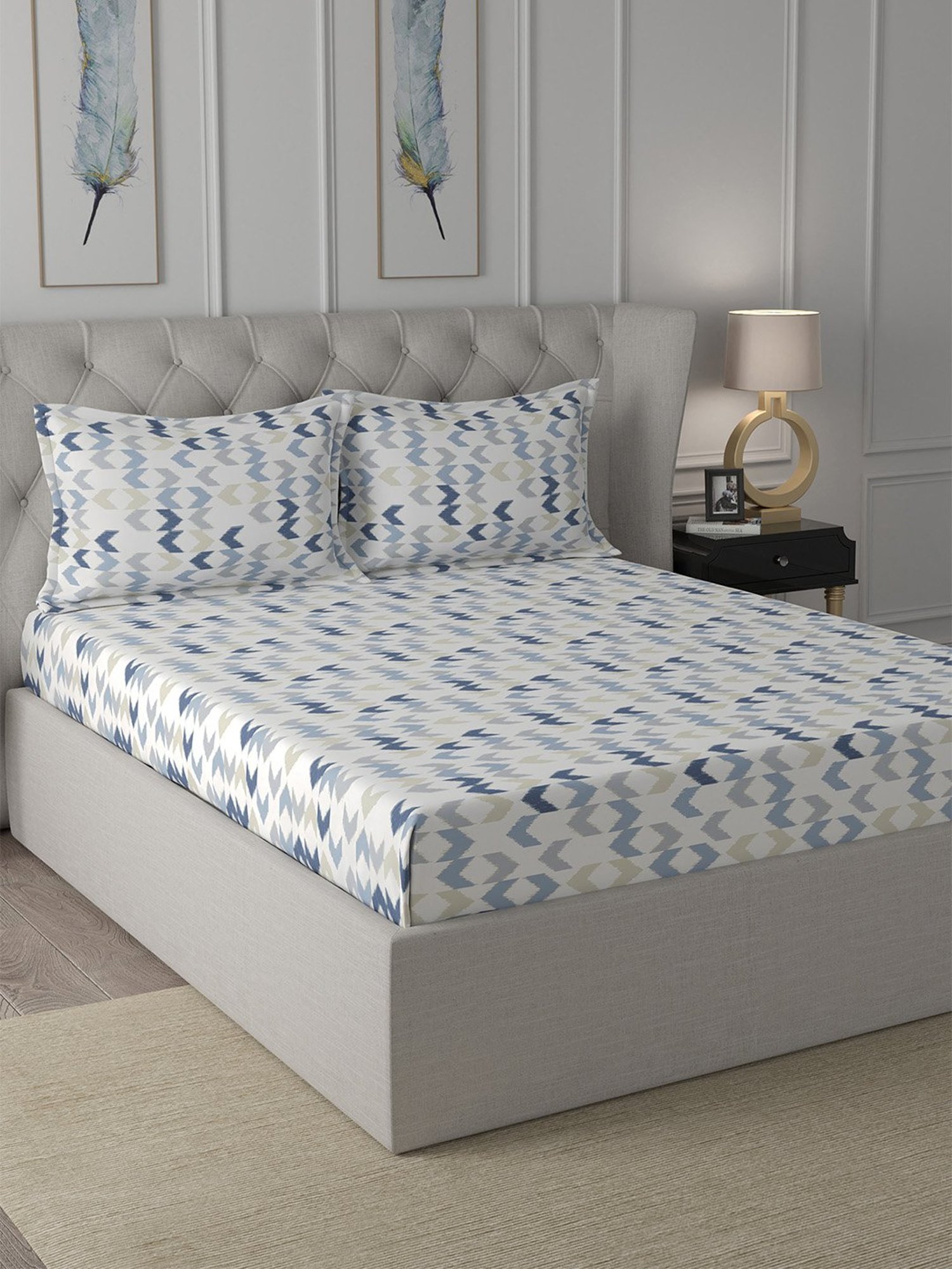In-House by Maspar Blue 200 TC Cotton Printed Bed Sheet with 2 Pillow Cover