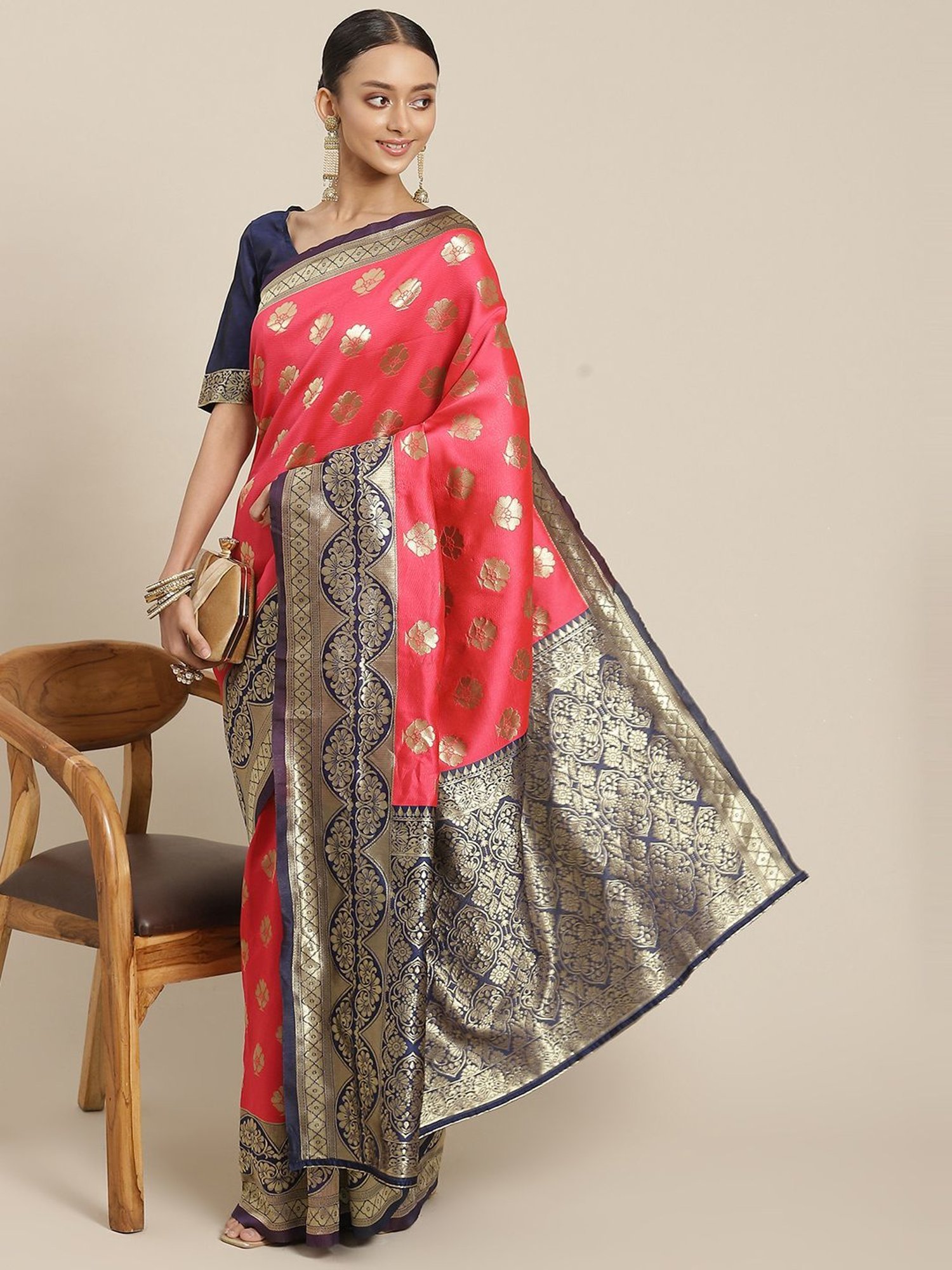 KSUT Pink & Navy Silk Woven Saree With Unstitched Blouse