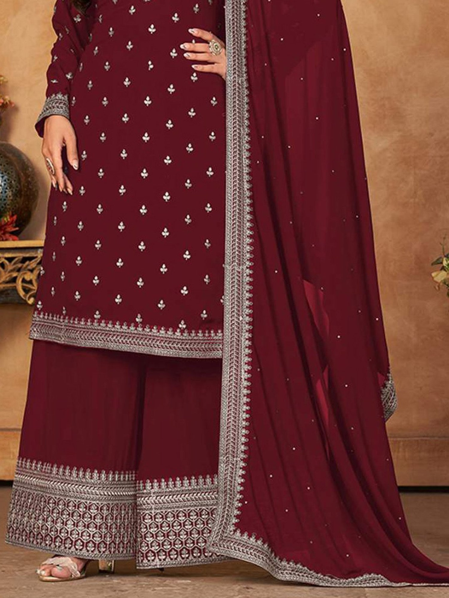 Odette Maroon Embroidered Unstitched Dress Material