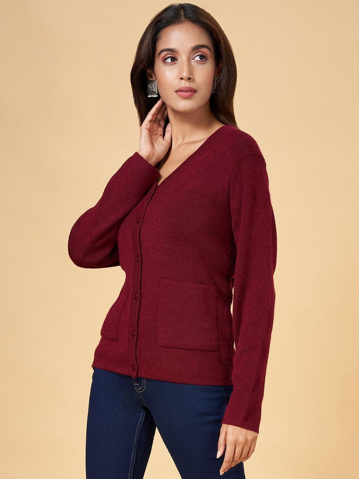 Rangmanch by Pantaloons Maroon Plain Cardigan