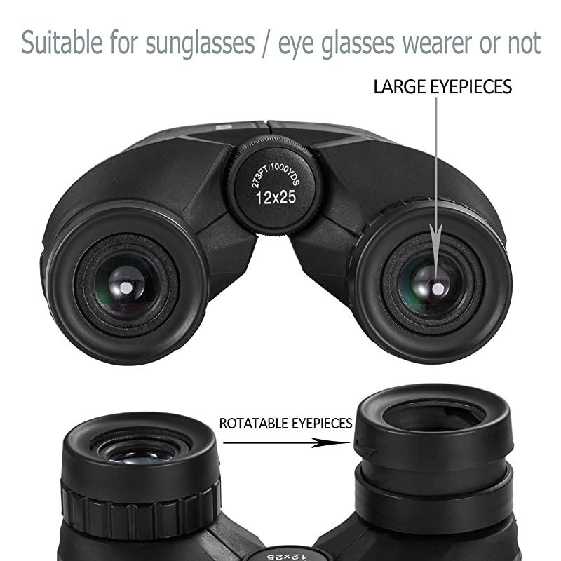 12x25 Compact Binoculars with Clear Low Light Vision, Large Eyepiece Waterproof Binocular for Adults Kids,High Power Easy Focus Binoculars for Bird Watching,Outdoor Hunting,Travel,Sightseeing