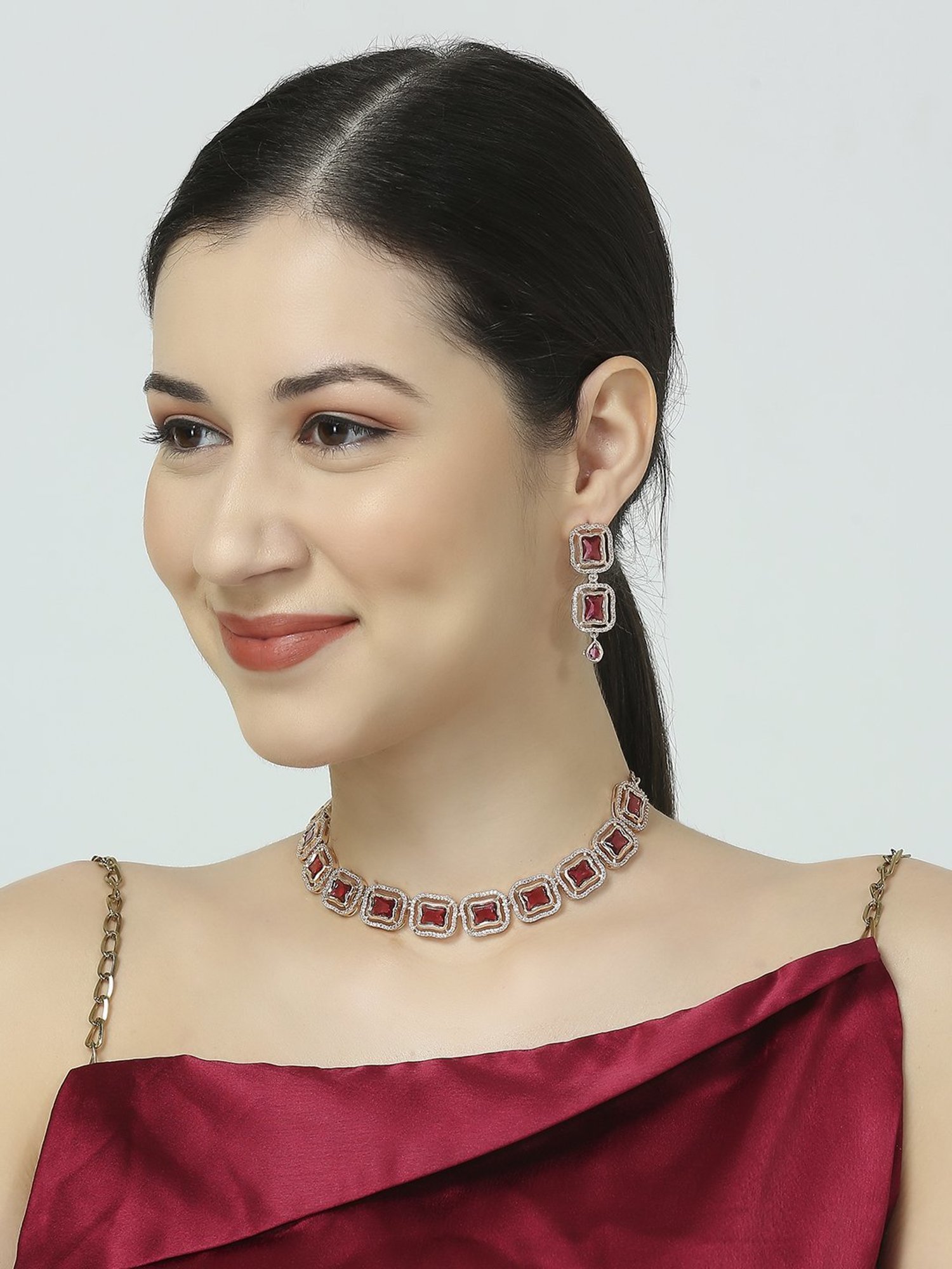 OOMPH Wine American Diamond Necklace Set