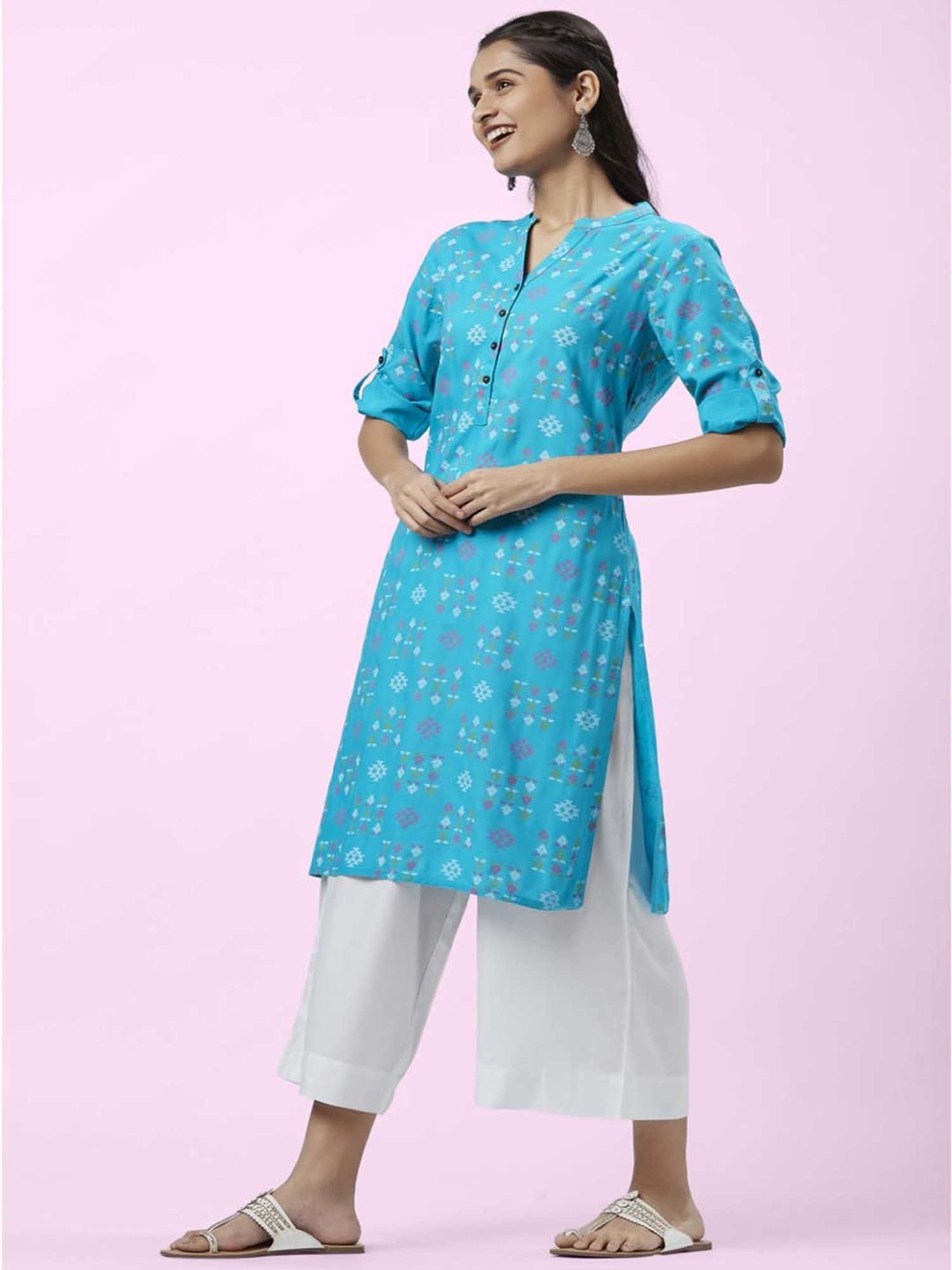 Rangmanch by Pantaloons Turquoise & White Printed Kurta Palazzo Set
