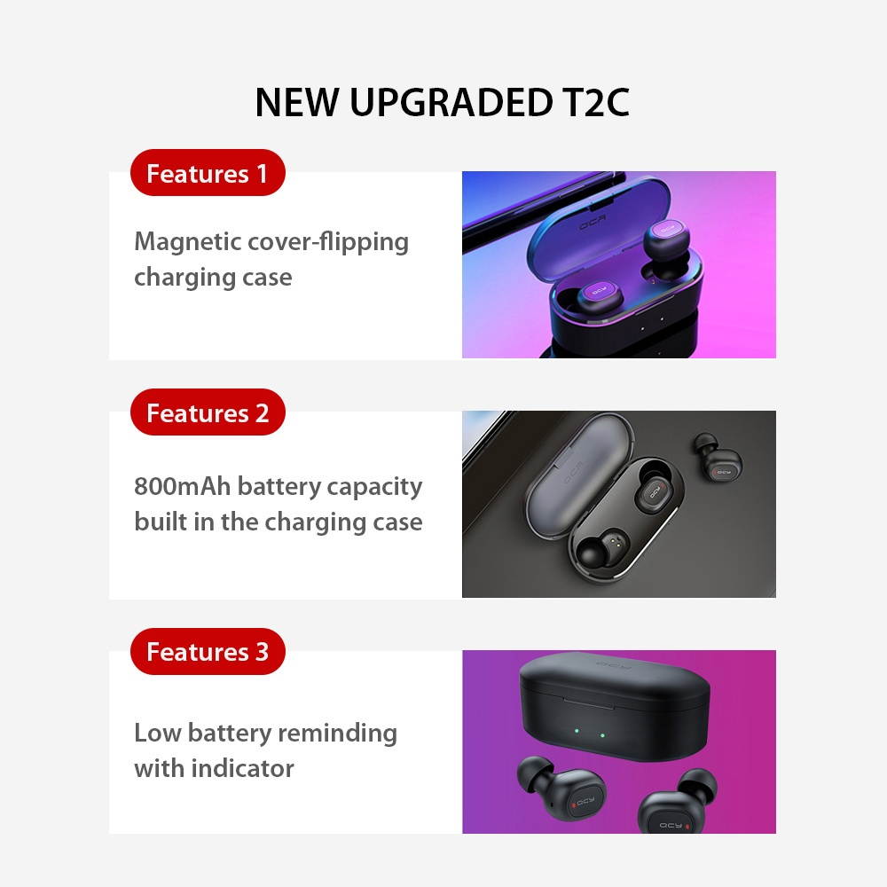 Global Version Xiaomi QCY T2C TWS BT Wireless Earphones with Dual Microphone 800mAh Charging Box Stereo BT Headsets Sports Running Mini Earbuds