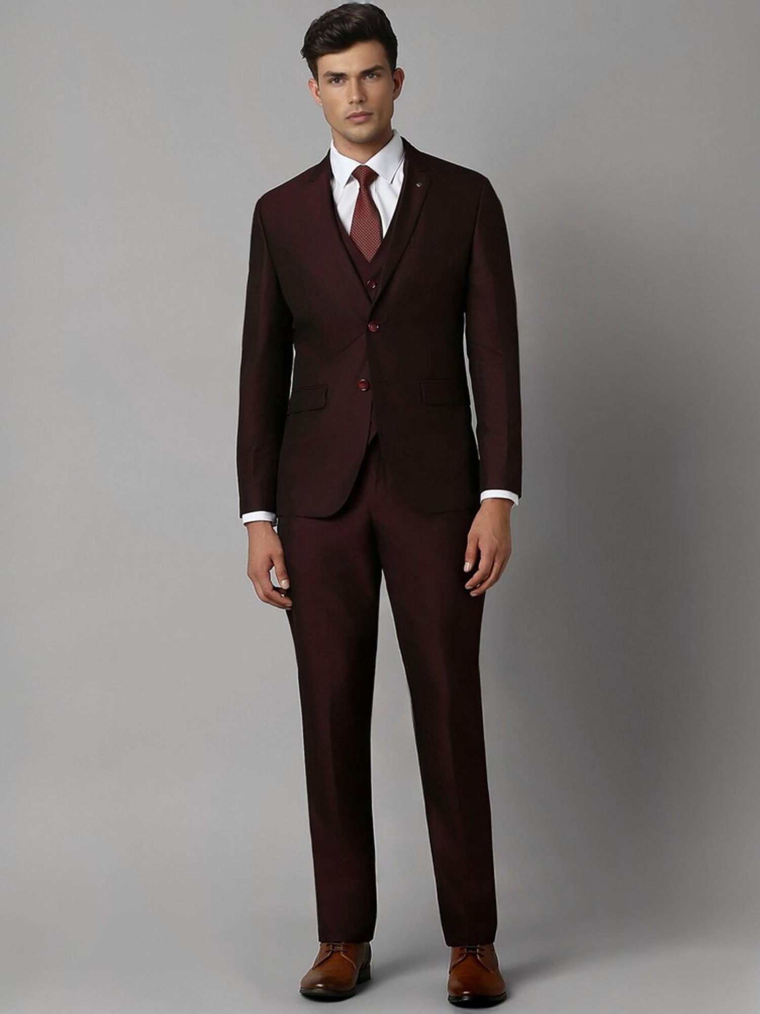 Louis Philippe Maroon Slim Fit Self Pattern Three Piece Suits