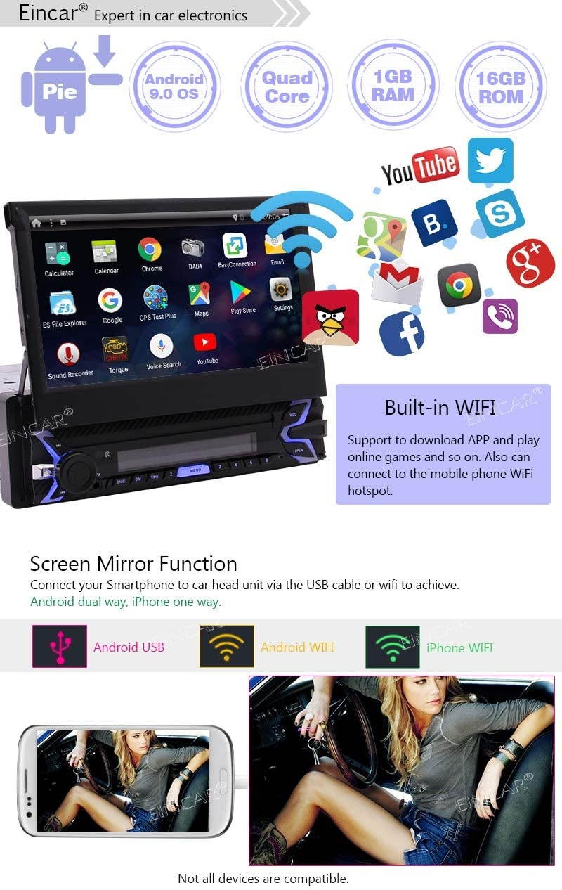EINCAR Android 9.0 Car Stereo Single Din with GPS Navigation in Dash WiFi Bluetooth 1 Din Headunit Car Auto Video Radio Player Fastboot AUX-in USB SD 7 Inch Capacitive Touch Screen