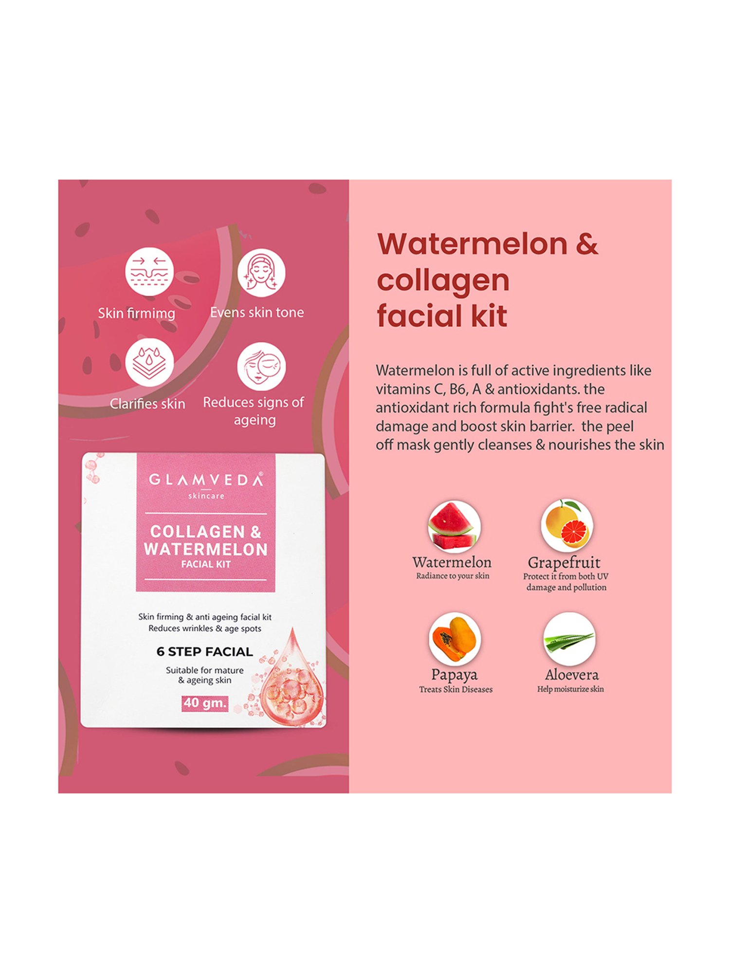 Glamveda Watermelon & Collagen Face Wash, Facial Kit and Peel Off Mask Combo