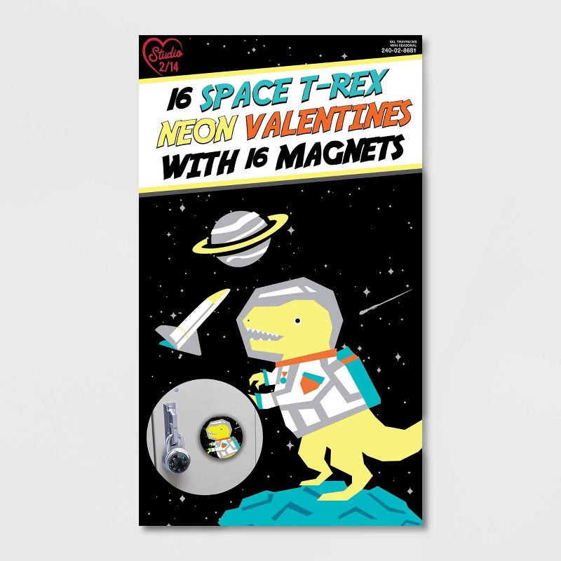 16ct Space T-RexNeon Valentines with Magnets