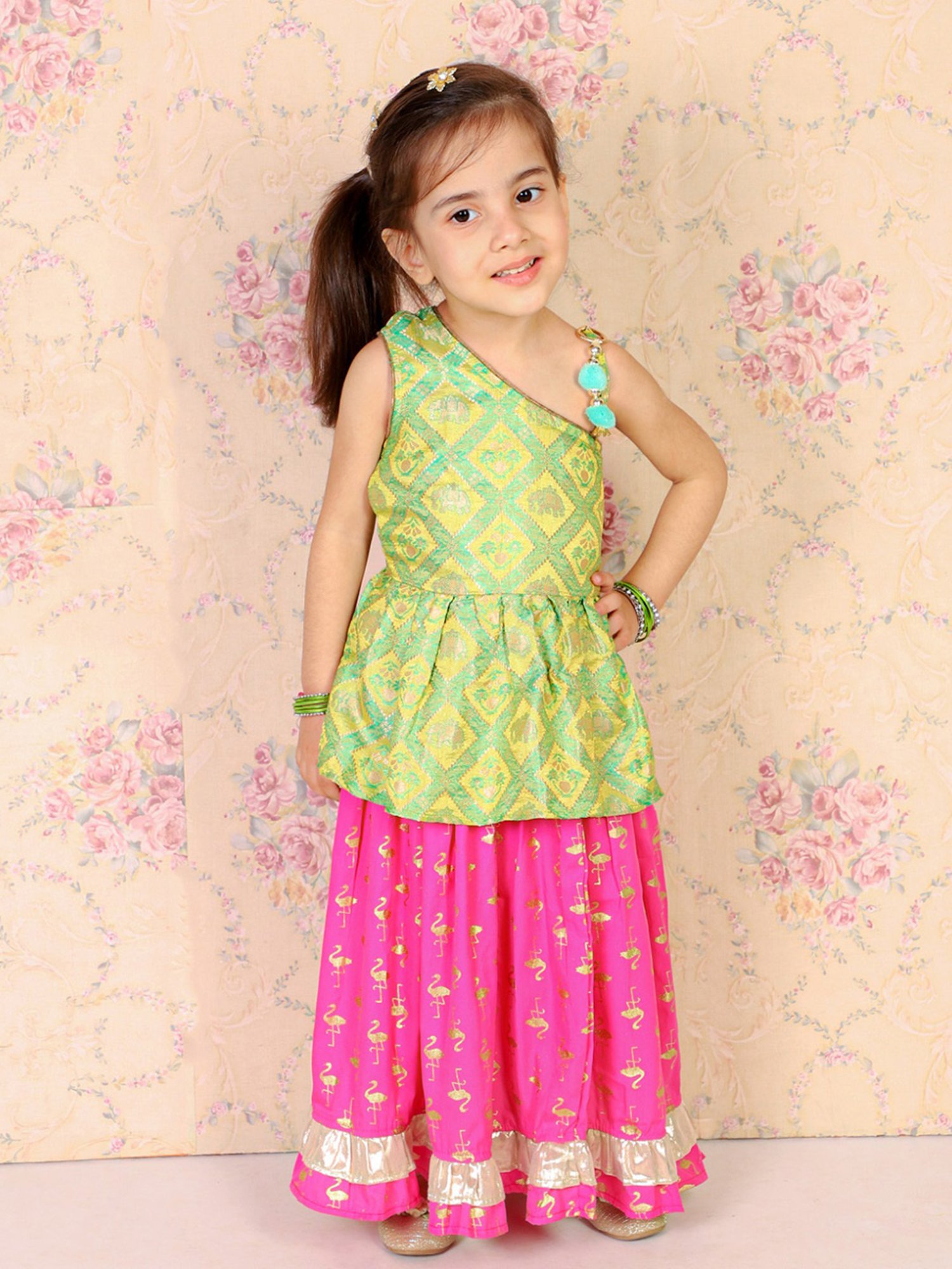 TWISHA Kids Green & Pink Self Design Top with Ghagra