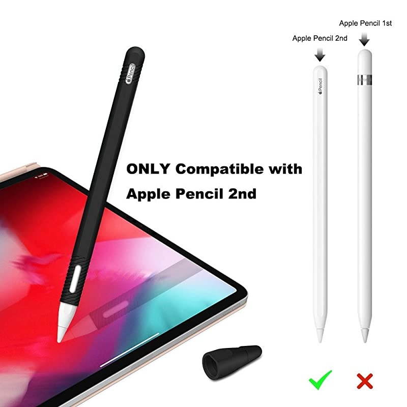 Silicone Case Compatible with New Apple Pencil 2nd Generation Protective AntiSlip Grip Sleeve with Nib Cover 2 Pieces Do not Affect for Pencil Mode Switch amp Magnetci Black