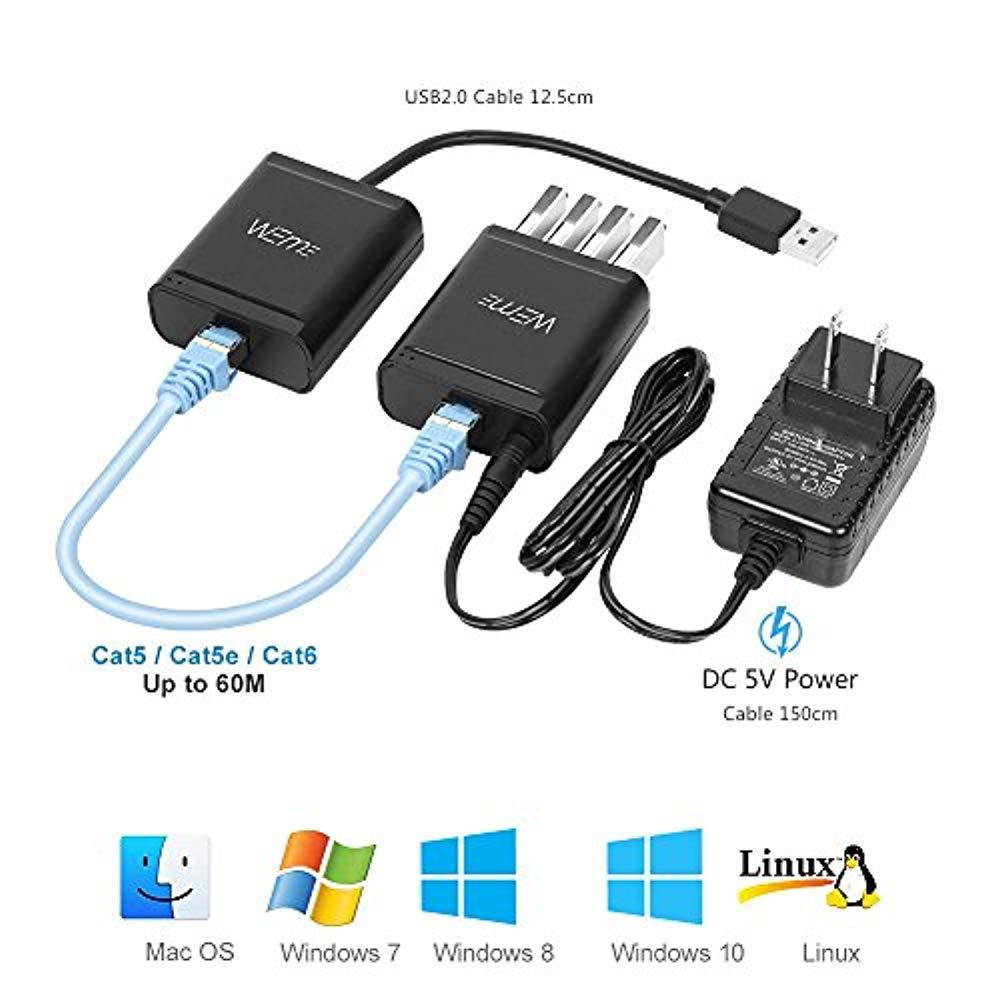 USB Extender, 4-Port USB 2.0 Ethernet Extender Hub Over Cat5/ Cat5e/ Cat6 Cable Connection up to 60Meters/196FT, RJ45 Lan Extension with Power Adapter for Logitech Webcam, Camera, Speakerphone