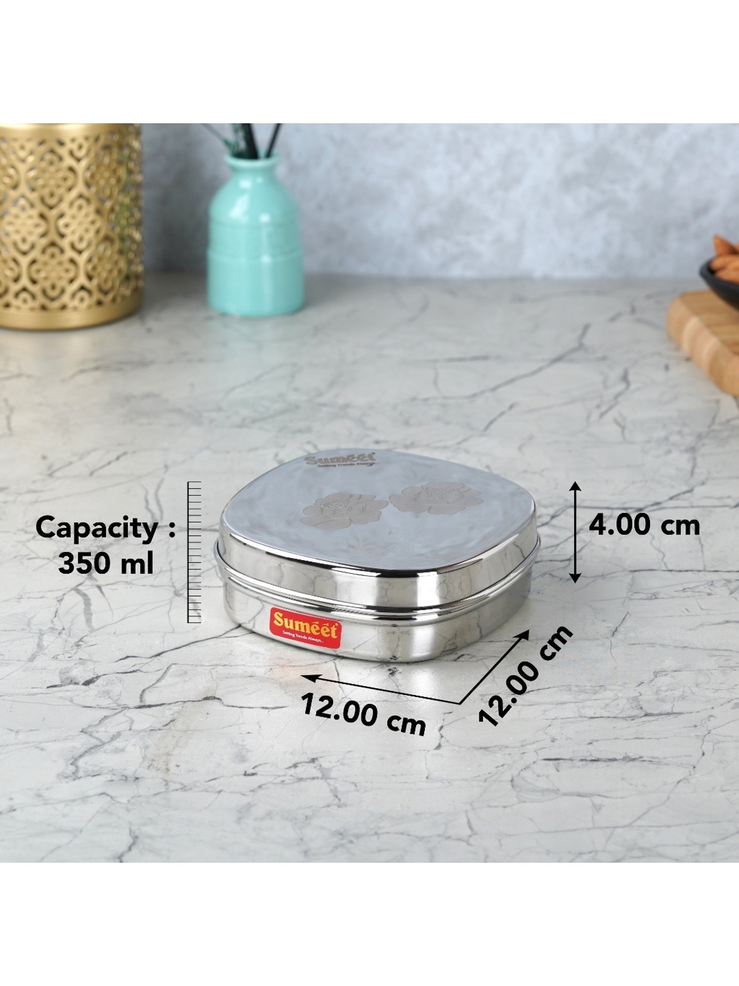 Sumeet S.S. Designer Square Storage containers box/Dabba for Kitchen, Set of 2Pcs, 350ml, 12cm Dia,