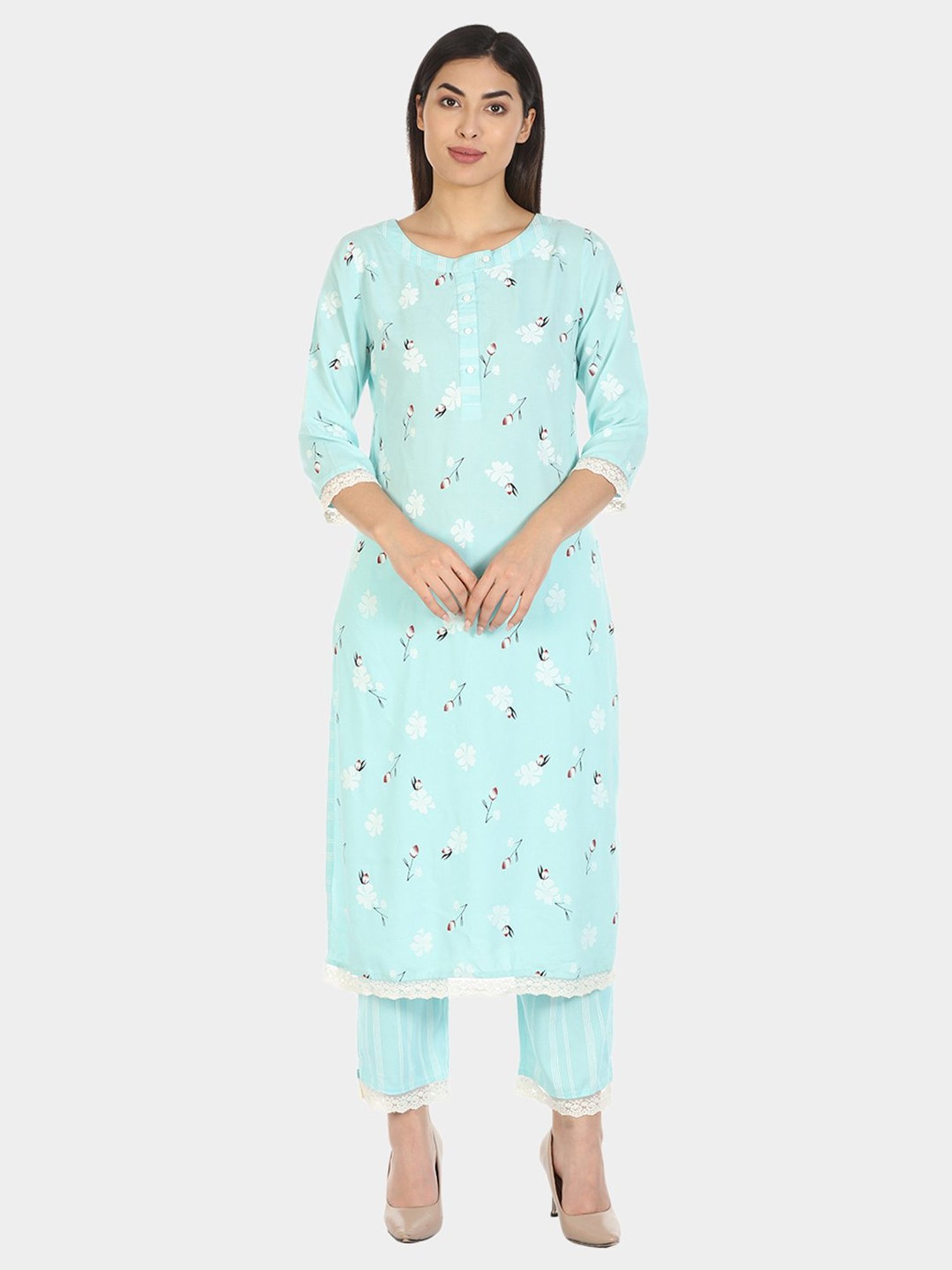 Mustard Blue Printed Straight Kurta