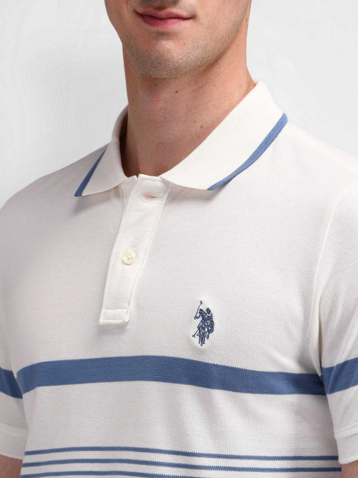 U.S. Polo Assn. White Cotton Slim Fit Striped Polo T-Shirt