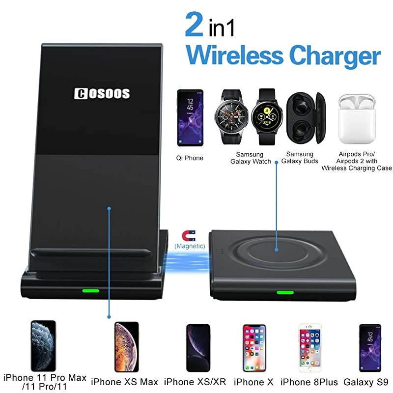 Dual Wireless Charger Qi Certified Wireless Charging Stand for iPhone 12 Pro1211 Pro MaxXsXrX8 PlusAirpods ProSamsung Galaxy S20S10S9Samsung WatchGalaxy Buds with QC 30 Adapter