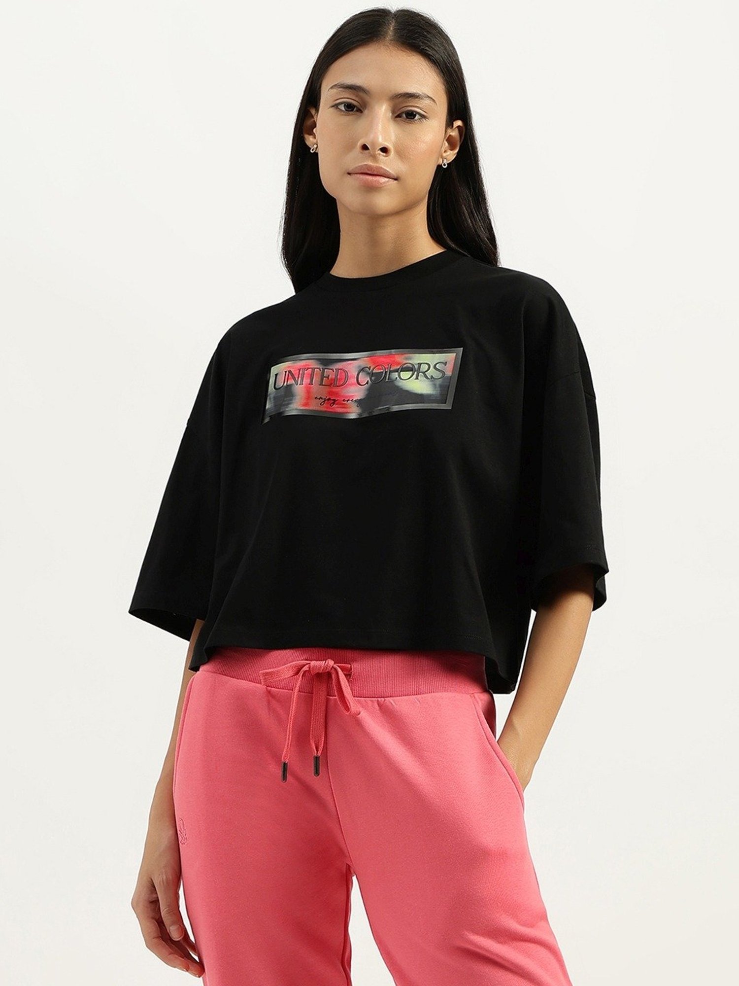 United Colors of Benetton Black Cotton Printed Crop T-Shirt