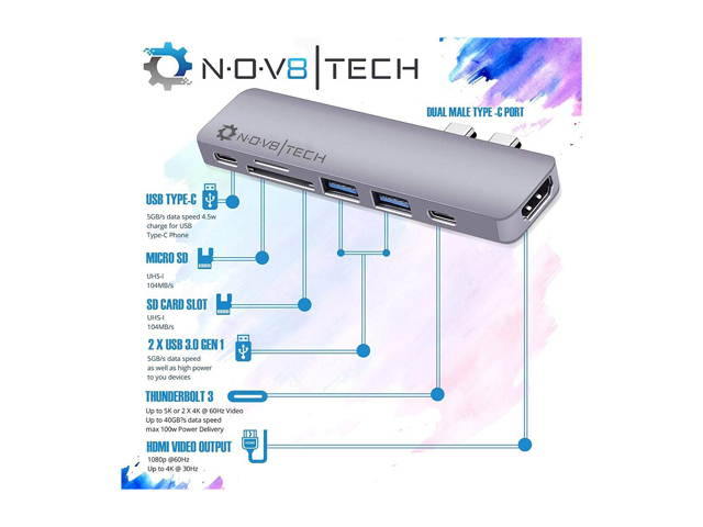 NOV8Tech USB C Hub Docking Station for MacBook Pro 2019-16 and MacBook Air 2019-18 7 in 2, 4K HDMI, Thunderbolt 3 100W PD Charger 40GBps Data, 2xUSB 3.0, USB 3.1 C 5GBps, SD/MicroSD Card Reader 7 in 1