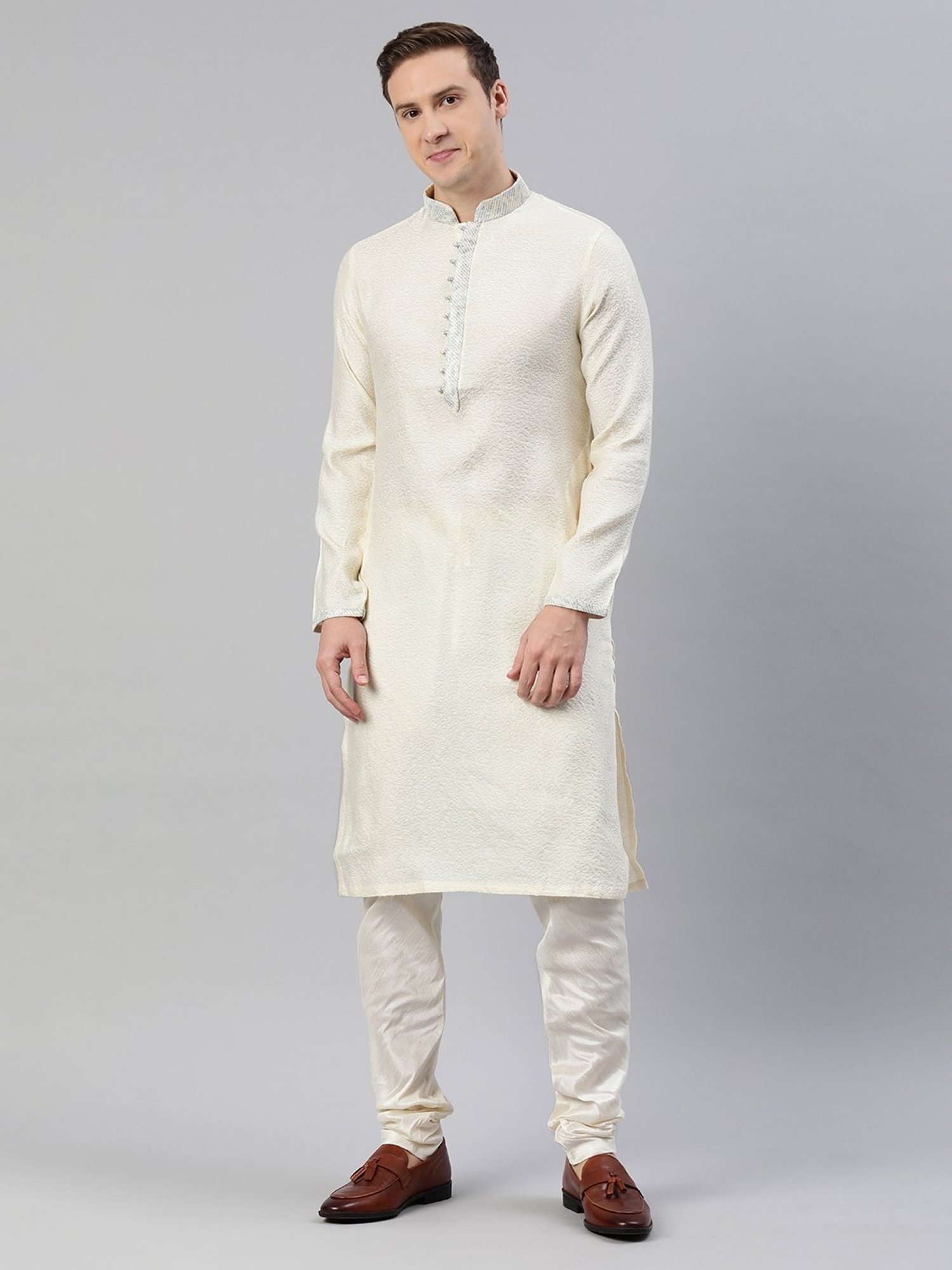 Manthan Cream Regular Fit Self Design Kurta & Pyjamas Set