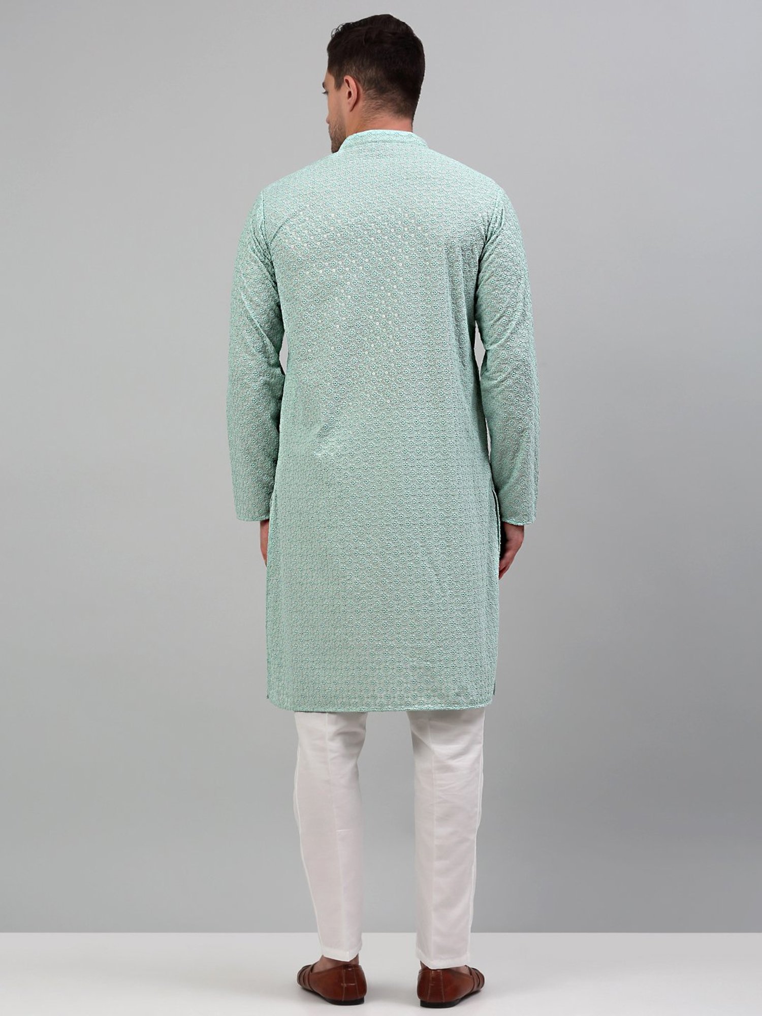 Jompers Green & White Cotton Regular Fit Embroidered Kurta Bottom Set